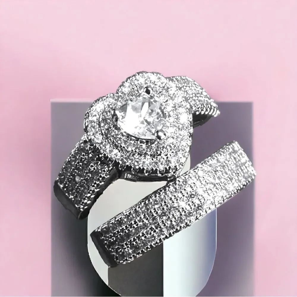Heart Ring Set l CZ l Silver Plate  l Box Included  l Size 9 l New